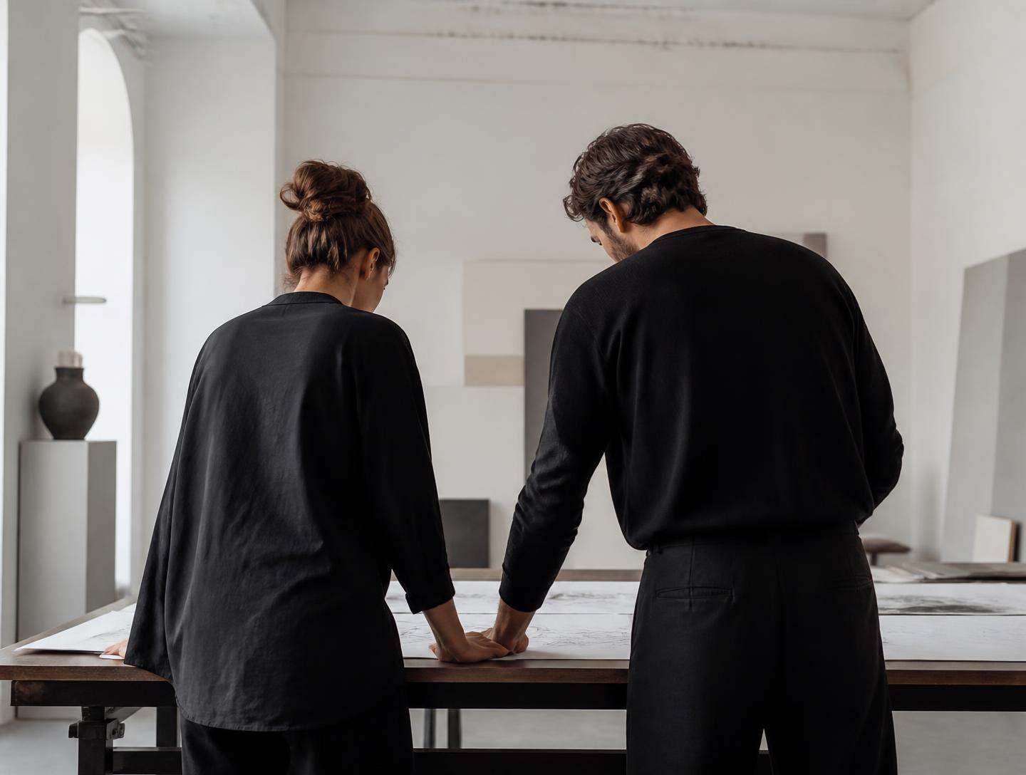 Two MODELAB designers reviewing collection drawings on a studio table